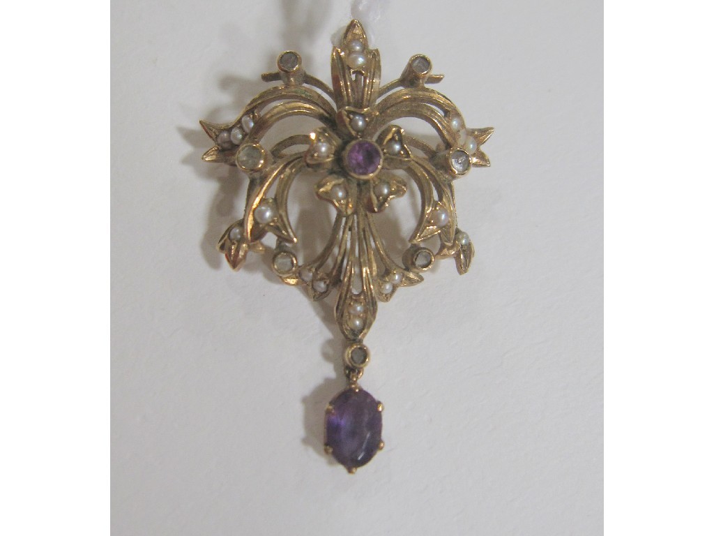 Appraisal: Edwardian gold pendant brooch set with amethyst seed pearls and