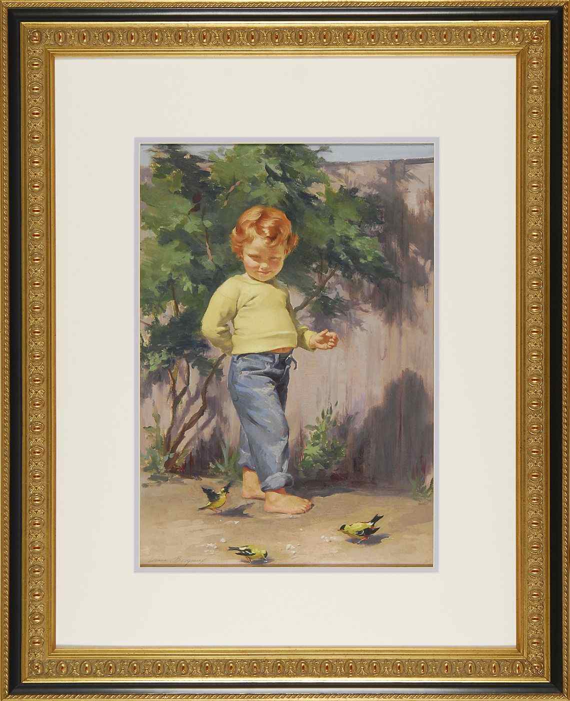 Appraisal: ARIANE BEIGNEUXAmerican - A young barefoot child feeding goldfinches Signed