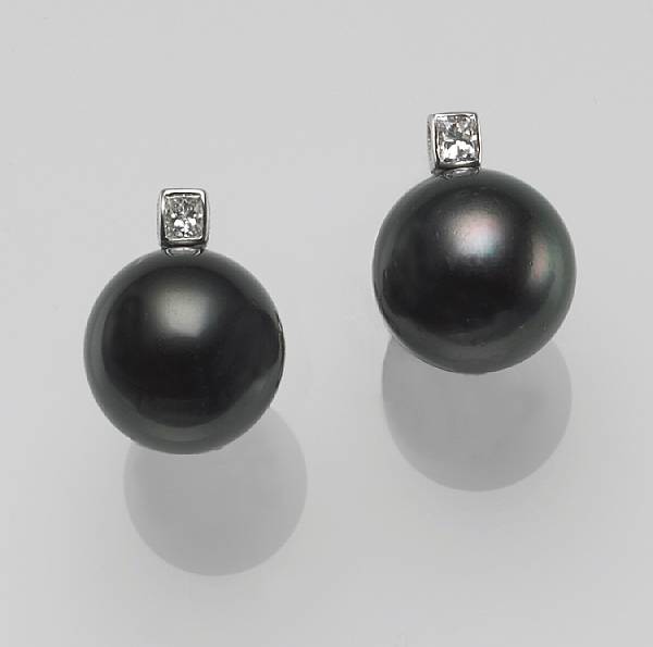 Appraisal: A pair of Tahitian cultured pearl diamond and k white