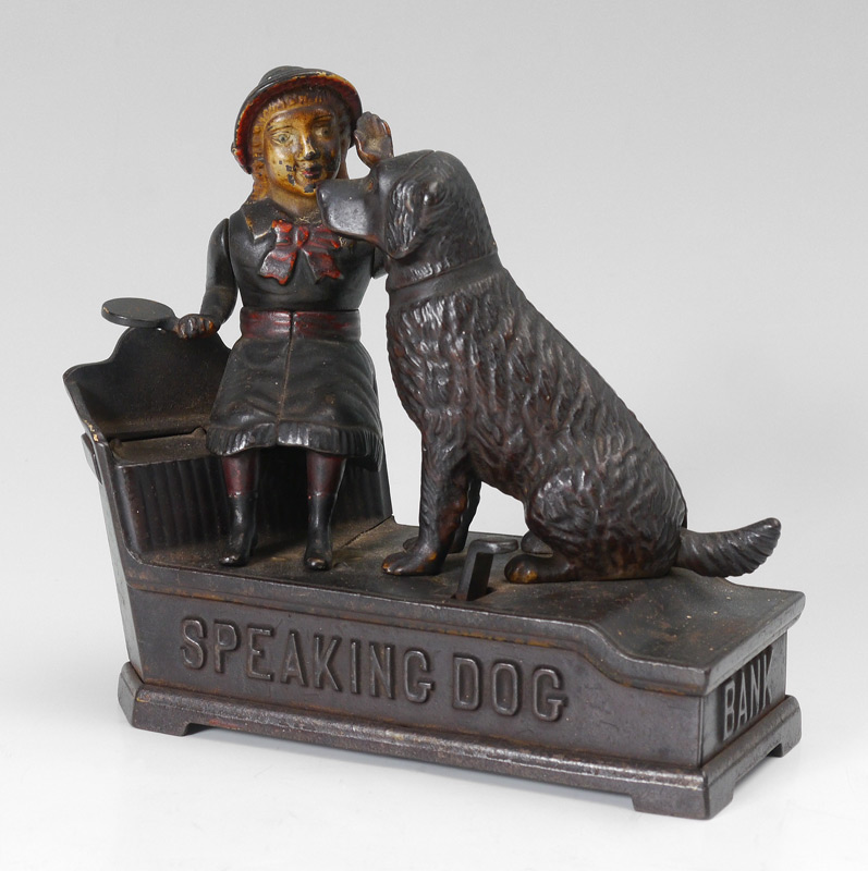 Appraisal: SPEAKING DOG CAST IRON MECHANICAL BANK Working condition patent dates