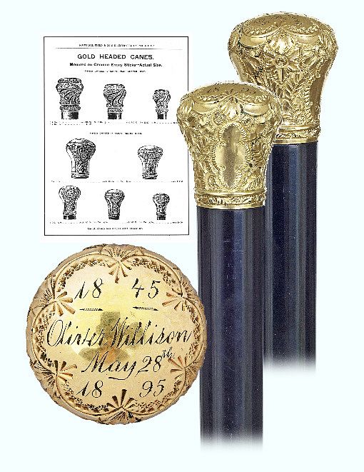 Appraisal: Gold American Presentation Cane Dated -Gold rolled knob fashioned in