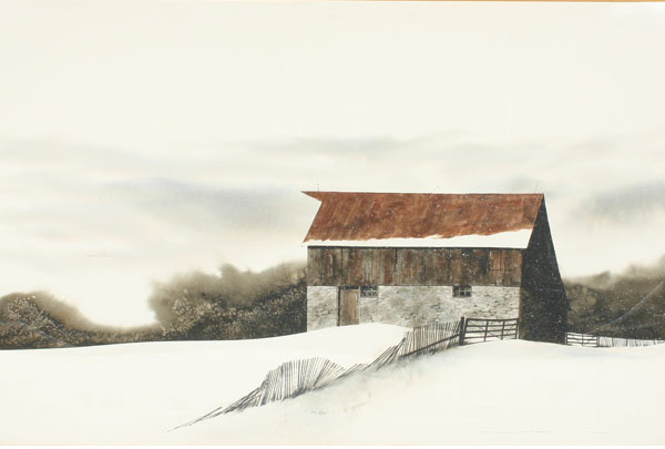 Appraisal: Rob O'Dell Indiana b winter scene with barn watercolor x