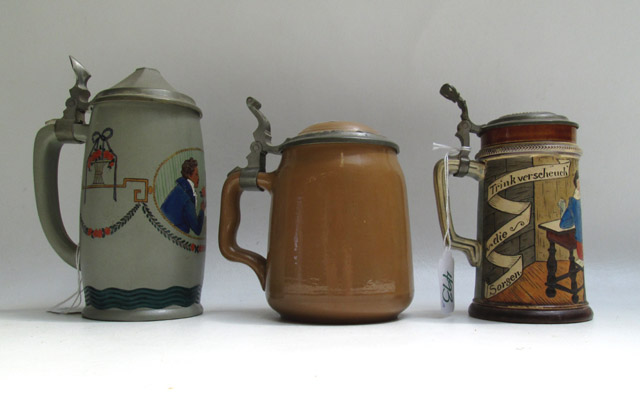 Appraisal: THREE LIDDED POTTERY STEINS Mettlach L painted with courting couple