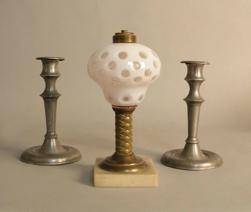 Appraisal: Pair of pewter candlesticks h together with an opalescent lamp