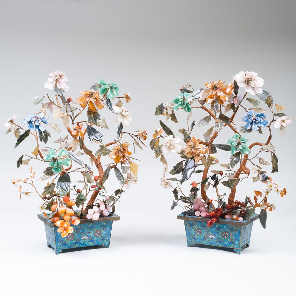 Appraisal: Pair of Chinese Cloisonne and Hardstone Mounted Models of Trees