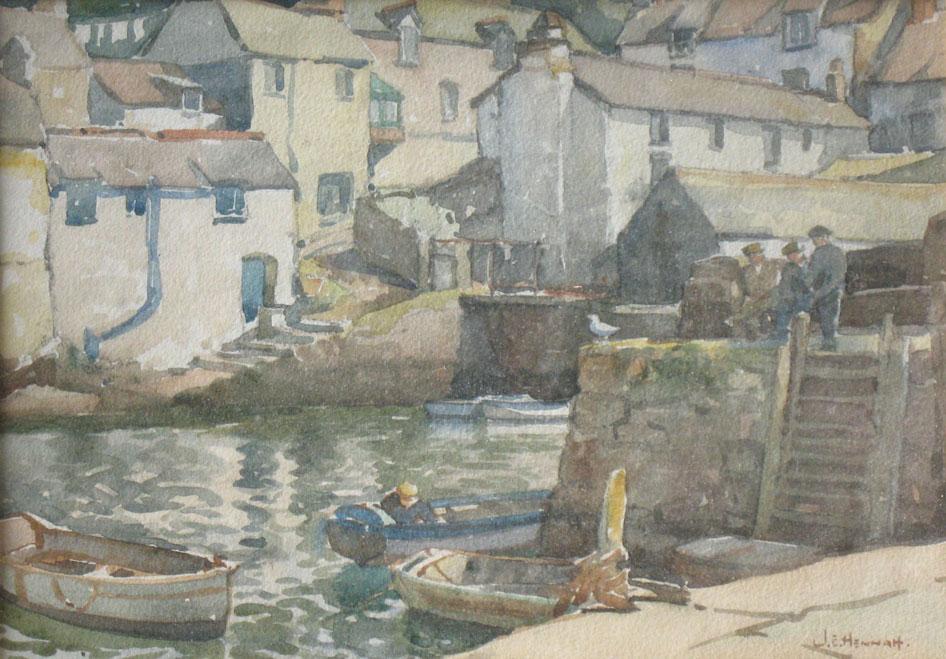 Appraisal: JOSEPH EDWARD HENNAH Harbour scene with fishing boats and figures