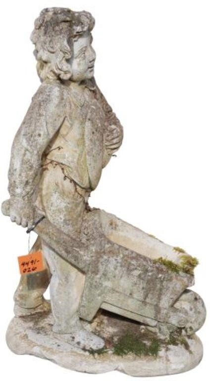 Appraisal: French cast stone garden sculpture young boy holding hat with