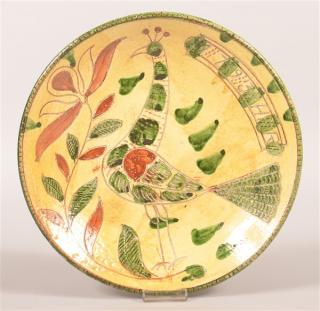 Appraisal: Metropolitan Museum Reproduction Redware Charger Peafowl and floral sgrafitto decoration