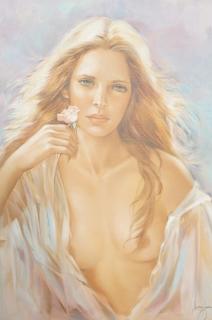 Appraisal: LEO JANSEN Semi Nude Female Oil Painting Blonde woman with