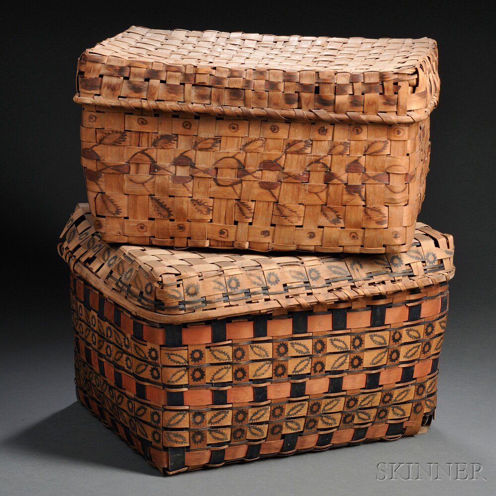 Appraisal: Two Northeast Polychrome Stamp-decorated Wood Splint Baskets damage to both