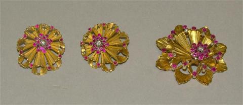 Appraisal: FRENCH GOLD RUBY AND DIAMOND BROOCH AND EAR CLIP SUITE