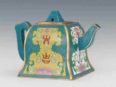 Appraisal: A Chinese Cloisonne Teapot Of squared bell form overall turquoise