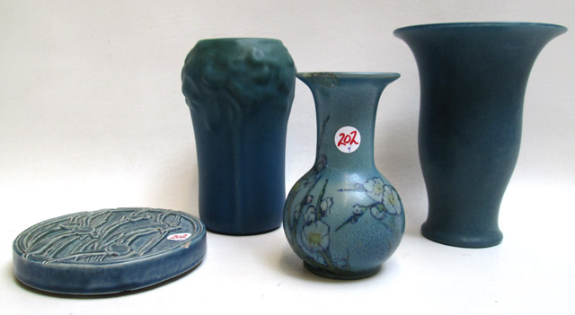 Appraisal: FOUR ROOKWOOD ART POTTERY PIECES with blue glaze vase shape