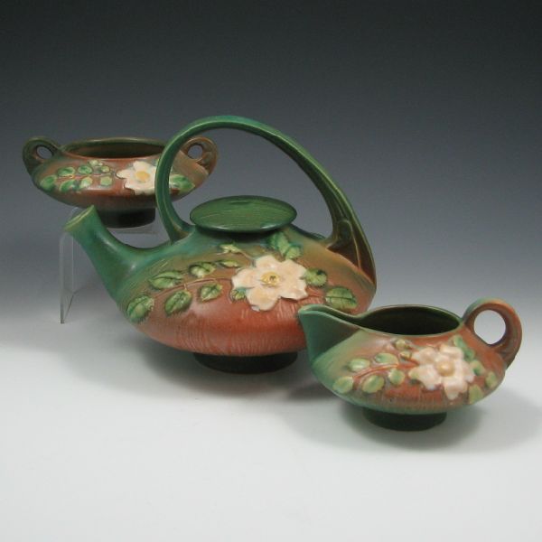 Appraisal: Roseville White Rose tea set in green and brown with