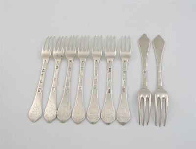 Appraisal: A set of seven William III dognose tableforks three prong