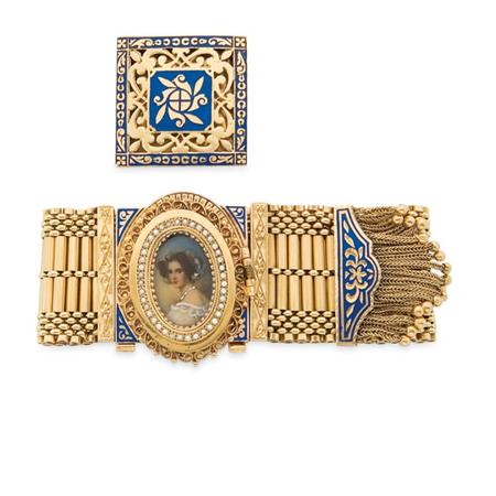 Appraisal: Gold Enamel Portrait Miniature and Split Pearl Fringe Bracelet-Watch and