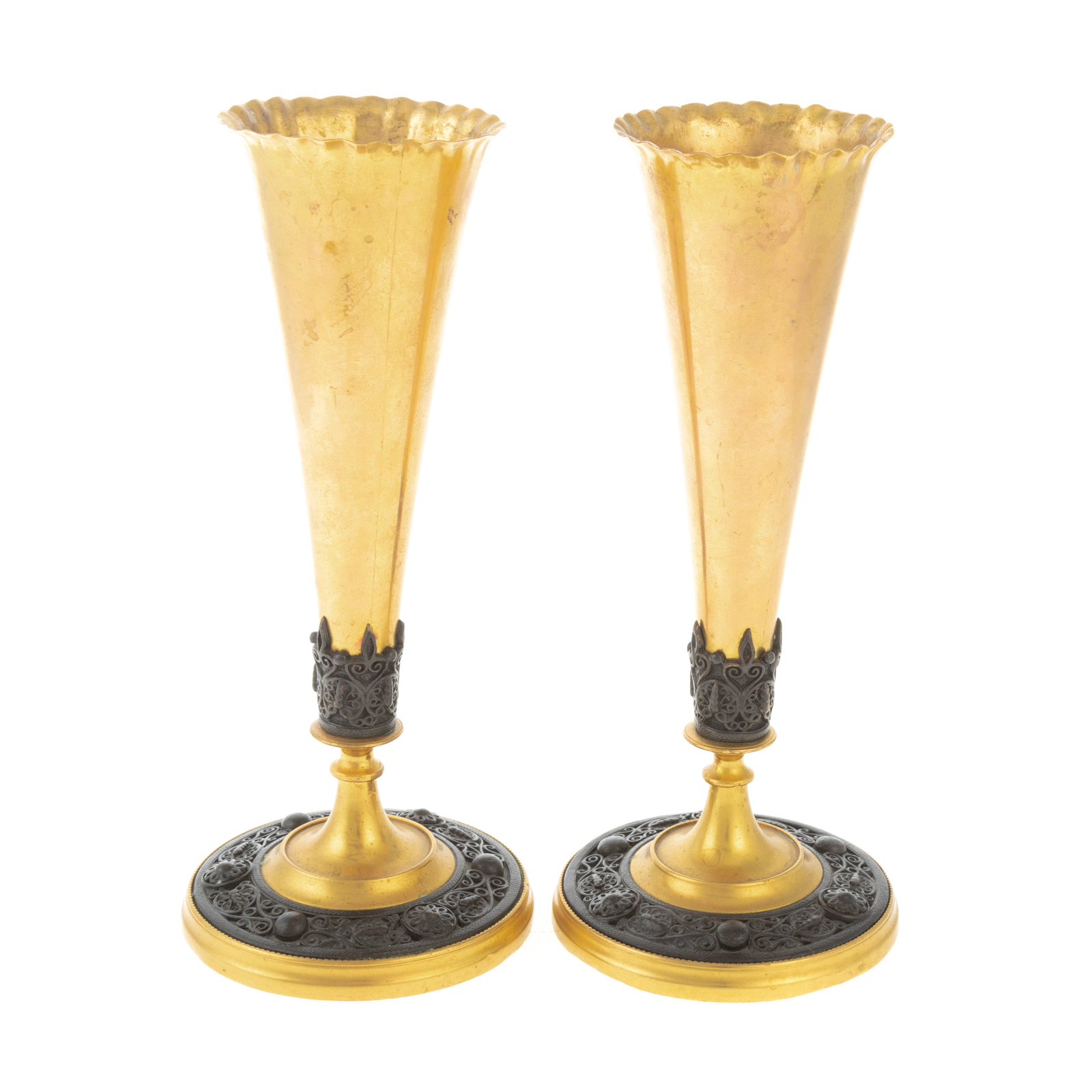 Appraisal: A PAIR OF CONTINENTAL MIXED METAL TRUMPET VASES th century