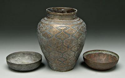 Appraisal: Three Islamic metal vessels conical brass vase highly worked surface