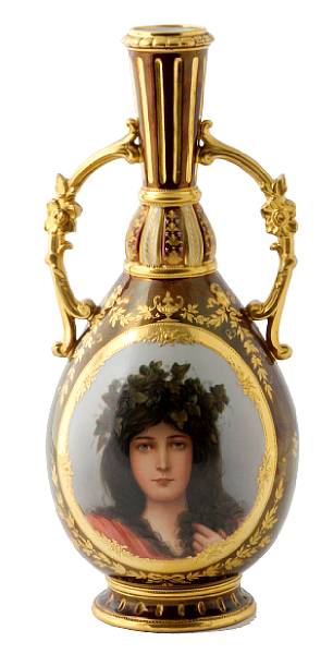 Appraisal: A Vienna style porcelain two-handled vase centered by a portrait