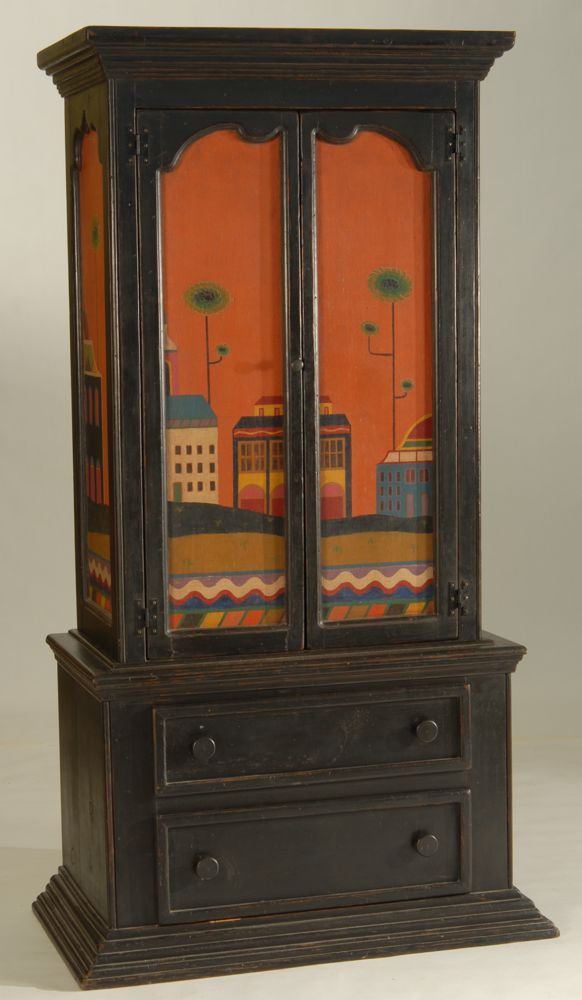 Appraisal: PHIPPS PAINTED TWO-PART CUPBOARD th CenturyIn dark green paint Two