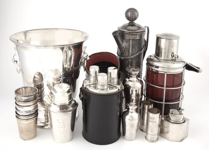 Appraisal: Group of Silver Plated Bar Ware Including cocktail shakers wine