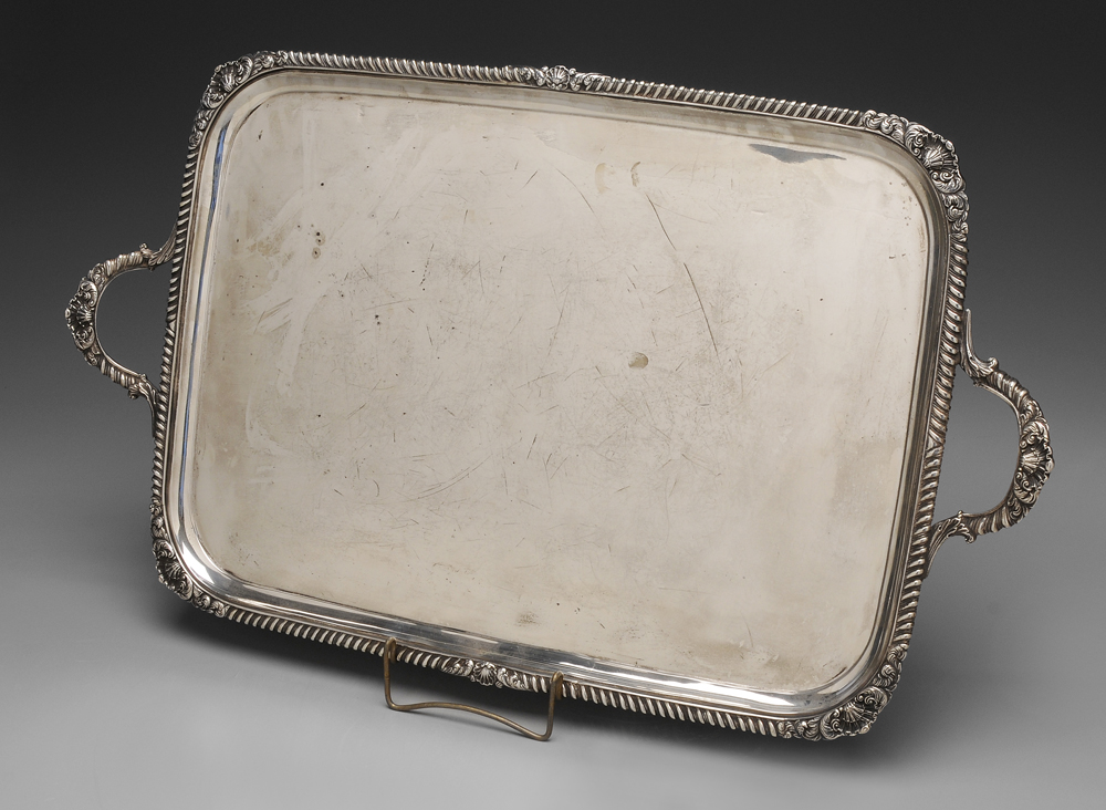 Appraisal: English Silver Tray London rounded rectangular two-handled tray gadroon scroll