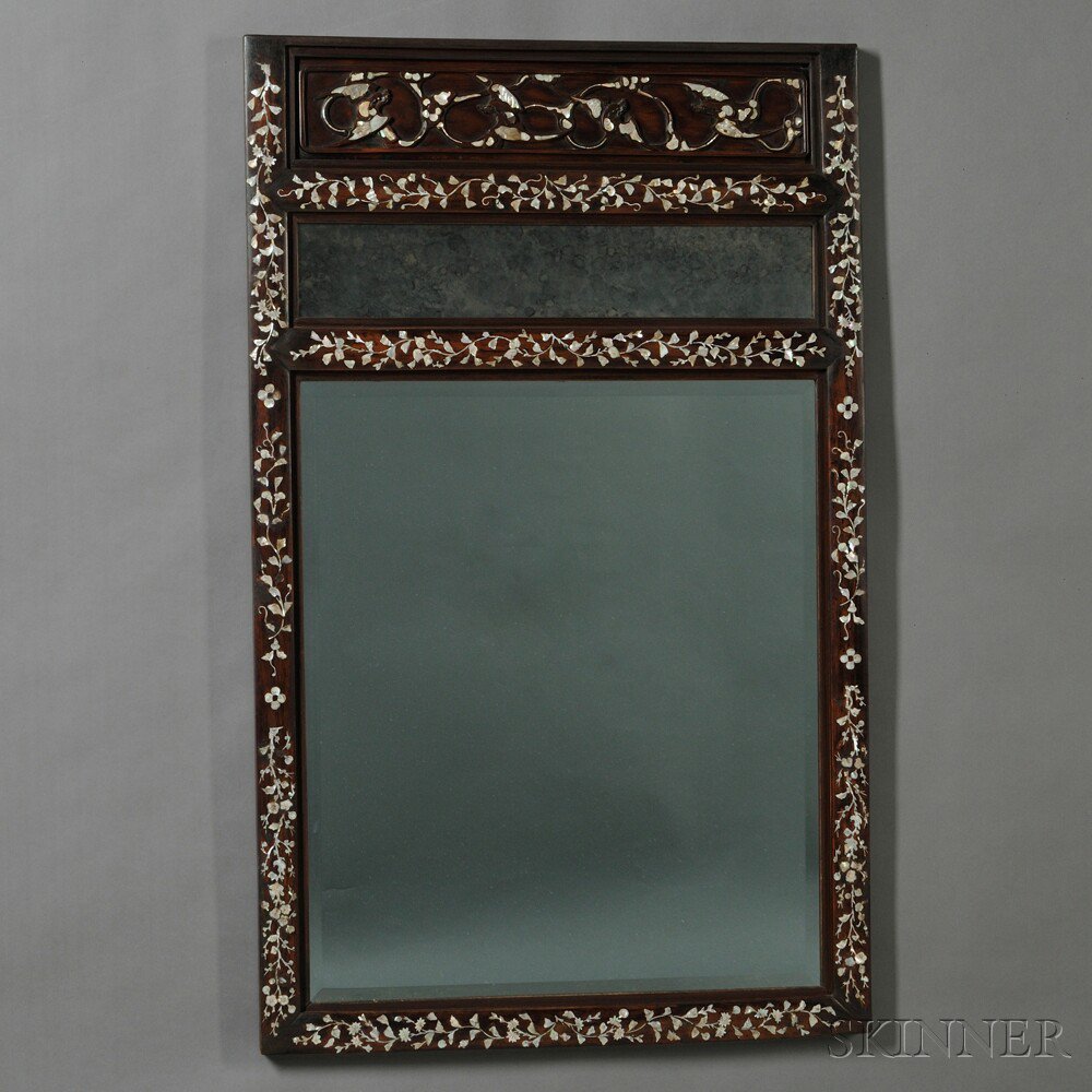 Appraisal: Rosewood Mirror with Mother-of-pearl Inlay China th th century rectangular