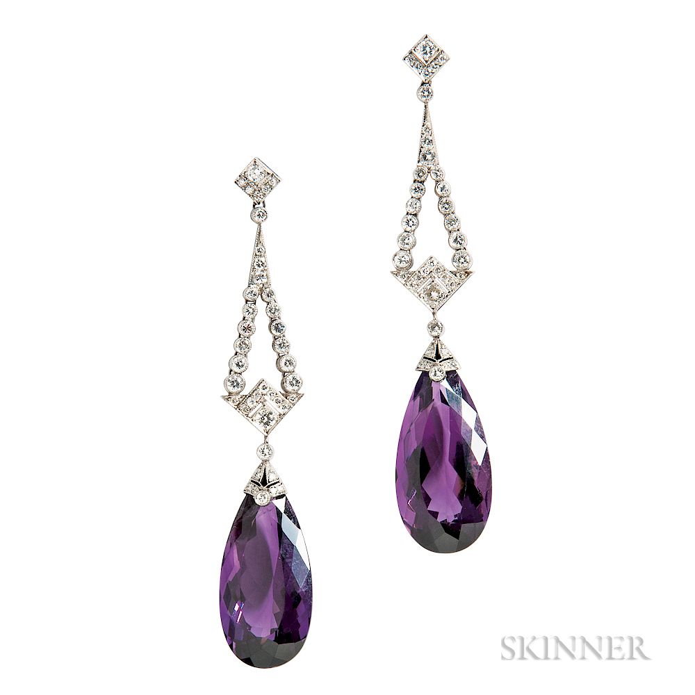 Appraisal: Platinum Amethyst and Diamond Earrings Platinum Amethyst and Diamond Earrings