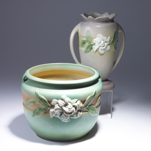 Appraisal: Two ROSEVILLE Gardenia pieces to include a green jardiniere -