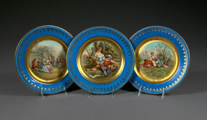 Appraisal: Trio of Richly Gilded Periwinkle Blue-Bordered Vienna Porcelain Cabinet Plates