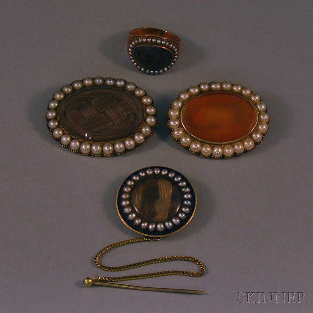 Appraisal: Four Pieces of Antique Mourning and Hair Jewelry three pins