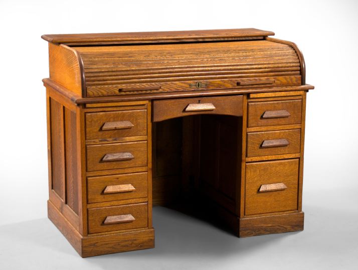 Appraisal: American Oak and Quarter-Sawn Oak Double-Pedestal Roll-Top Desk early th