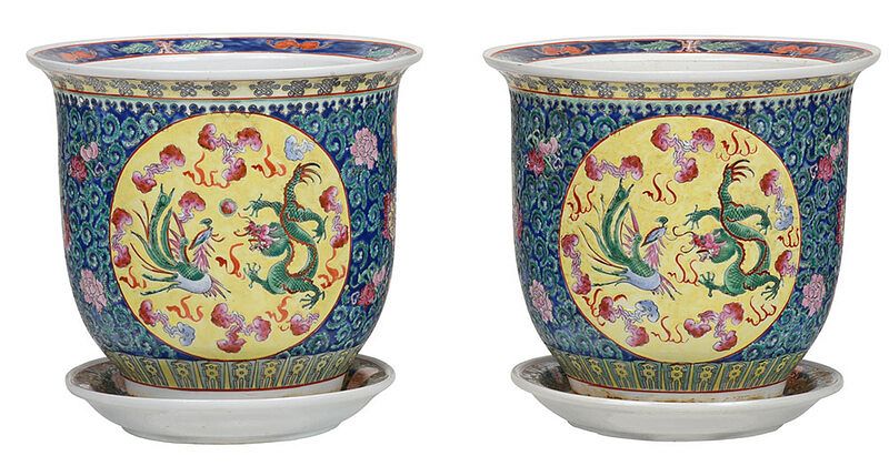 Appraisal: Pair of Chinese Porcelain Cachepots th century enamel decorated with