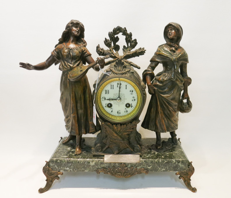 Appraisal: FRENCH SPELTER AND MARBLE DOUBLE STATUE CLOCK with eight day