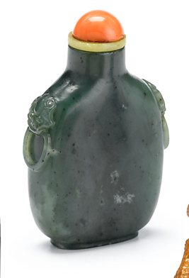 Appraisal: Chinese spinach jade snuff bottle th century Of ovoid form