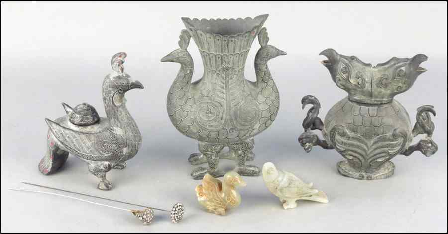 Appraisal: COLLECTION OF THREE BIRD FORM VESSELS Together with two carved