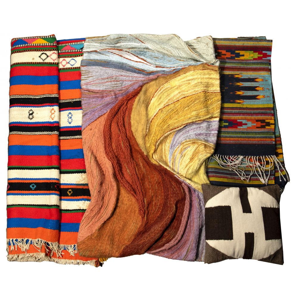 Appraisal: WOOL TEXTILE ASSORTMENT items including a multi-textured abstract wall tapestry