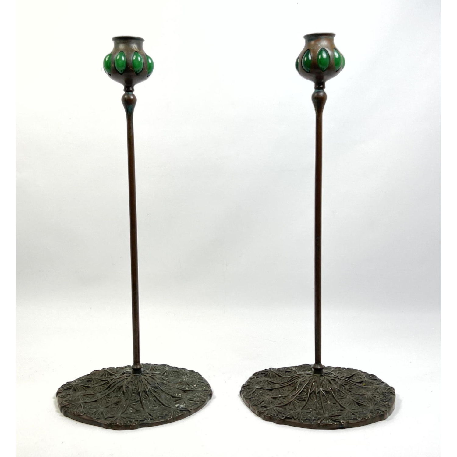 Appraisal: Tiffany Studios style Queen Anne's Lace Candlesticks Green Glass Blown