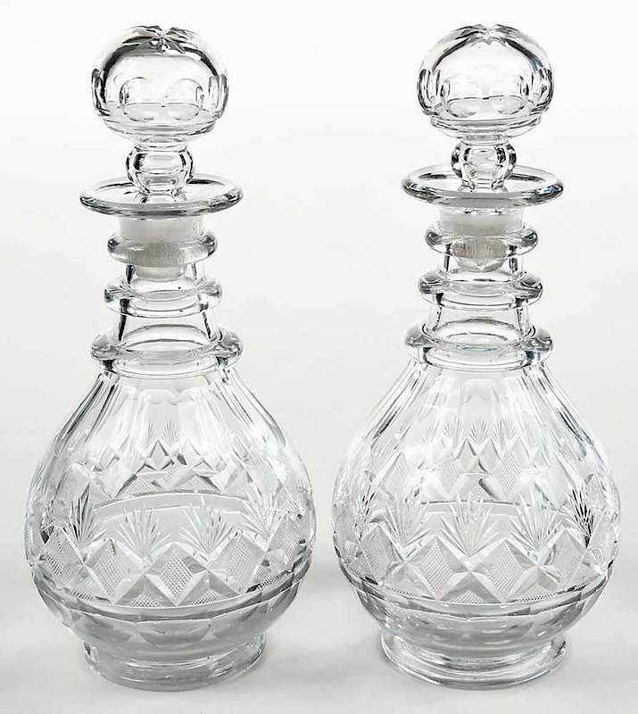 Appraisal: Two Cut Glass Decanters British th century decanters with ringed