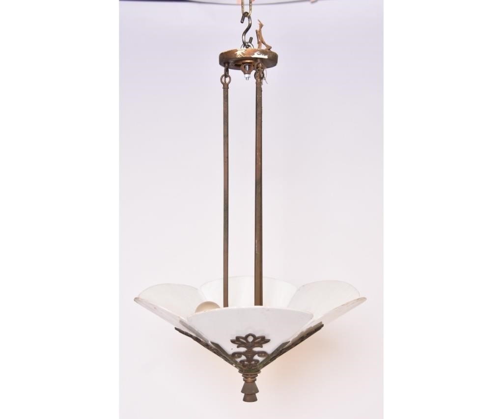 Appraisal: Continental Art Deco brass and metal four-light chandelier with milk