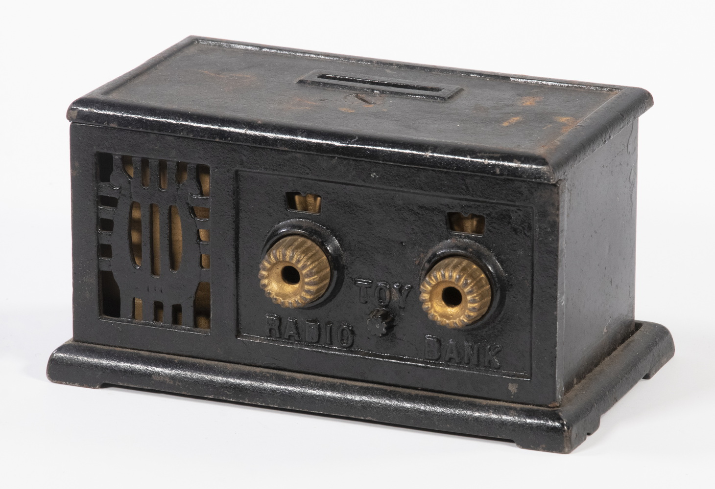 Appraisal: CAST IRON RADIO FORM STILL BANK Circa Toy Radio Bank