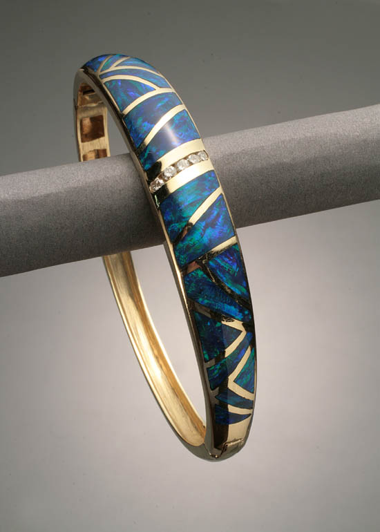 Appraisal: -Karat Yellow-Gold Black Opal and Diamond Bangle Bracelet Set with