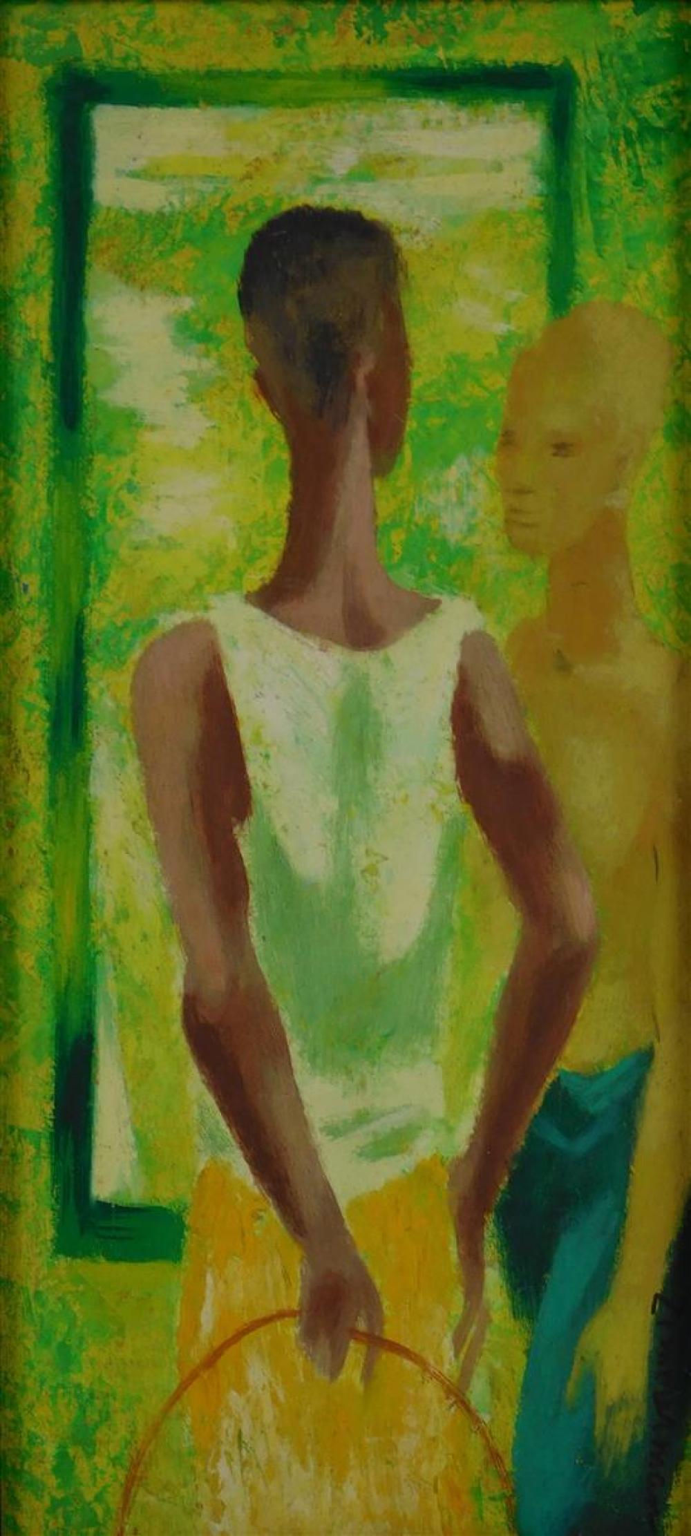 Appraisal: Oil on panel two young men against vibrant green background