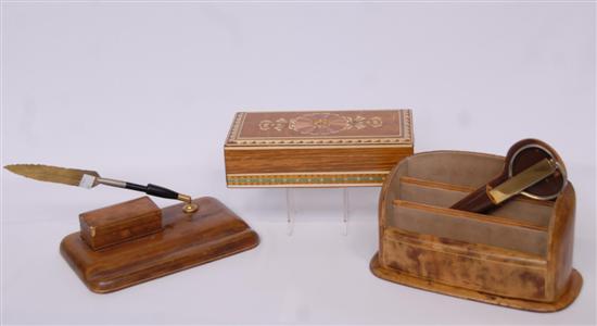 Appraisal: LEATHER DESK SET AND INLAID BOX Penstand stamp box letter