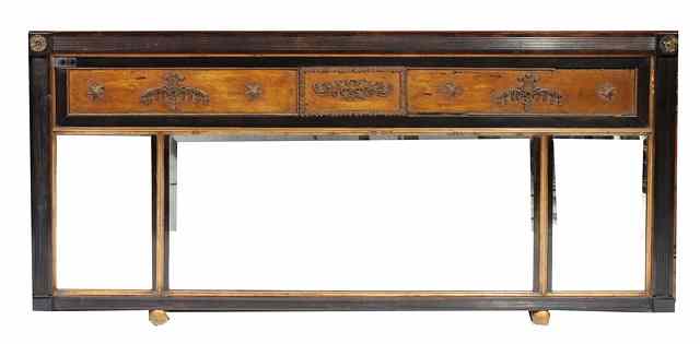 Appraisal: A REGENCY EBONISED AND PARCEL GILT OVERMANTEL MIRROR with reeded