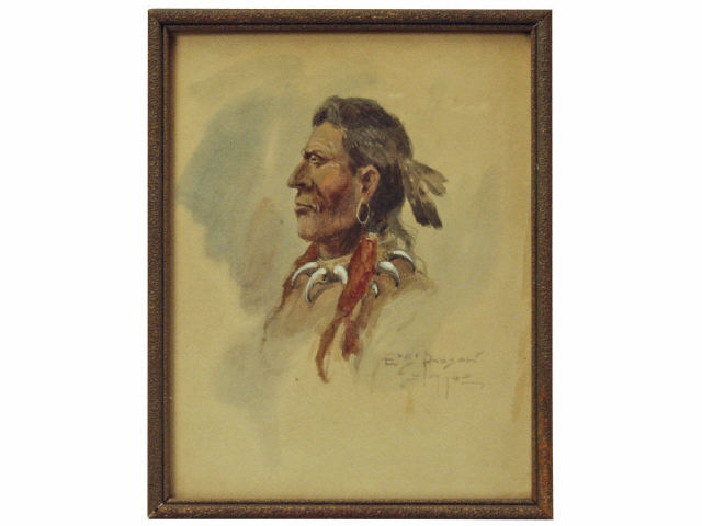 Appraisal: Water color portrait of Indian brave with bear claw necklace