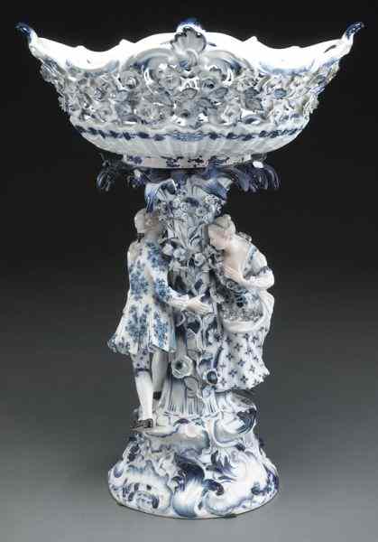 Appraisal: Meissen porcelain figural compote in ''Blue Onion''pattern the reticulated bowl