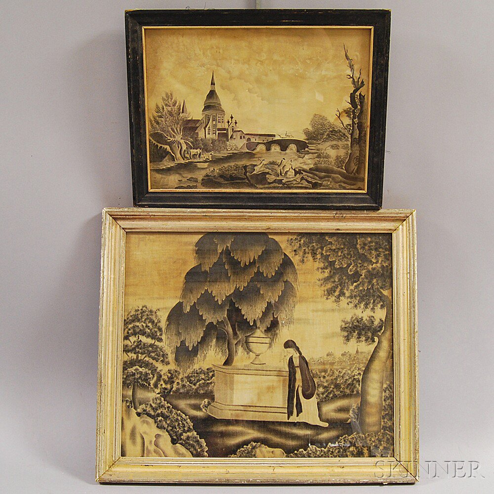 Appraisal: Two Framed Works a memorial on velvet purportedly from the