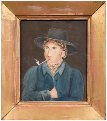 Appraisal: Folk art watercolor portrait young man in hat and blue