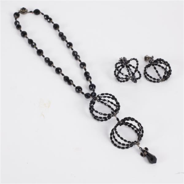 Appraisal: Miriam Haskell pc Black Crystal Beaded Sphere Necklace Screw Back